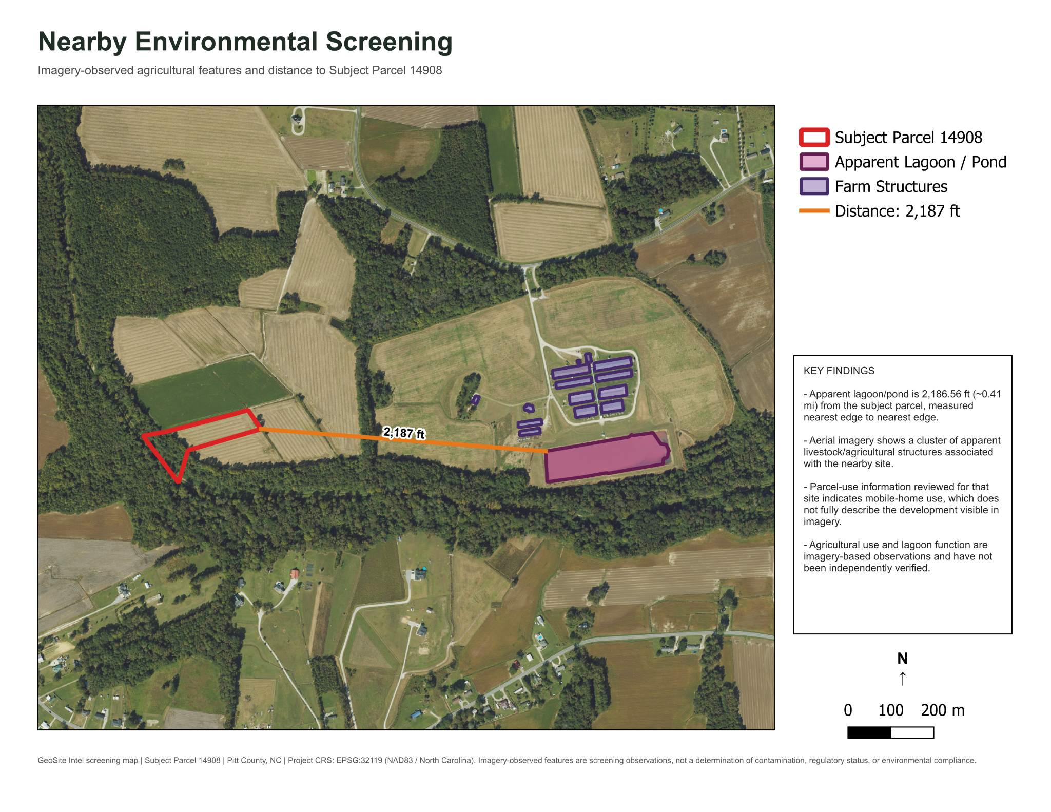Aerial imagery map showing the subject parcel, nearby farm structures, apparent lagoon, and a measured shortest distance
