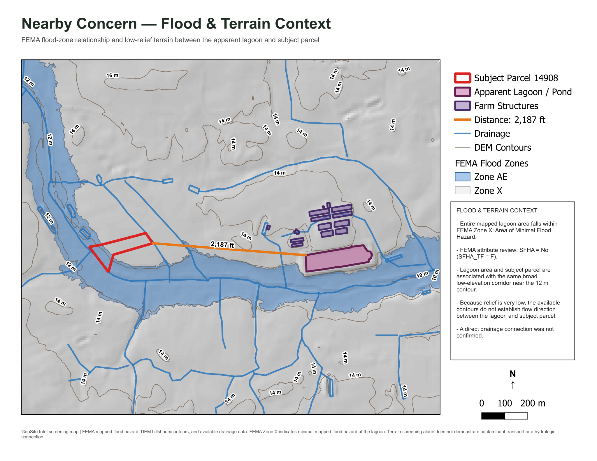 Flood and terrain map showing FEMA flood zones, drainage, contours, the subject parcel, and a nearby apparent lagoon
