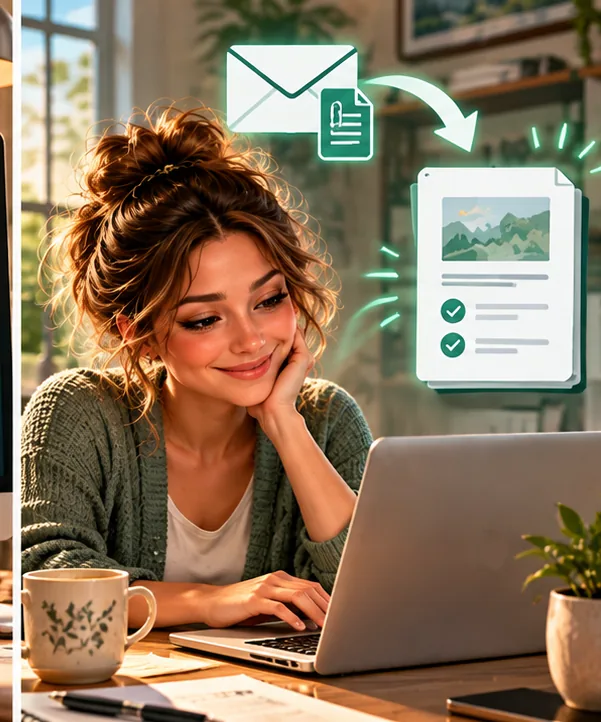 Office worker reviewing a finished digital report and a completed checklist