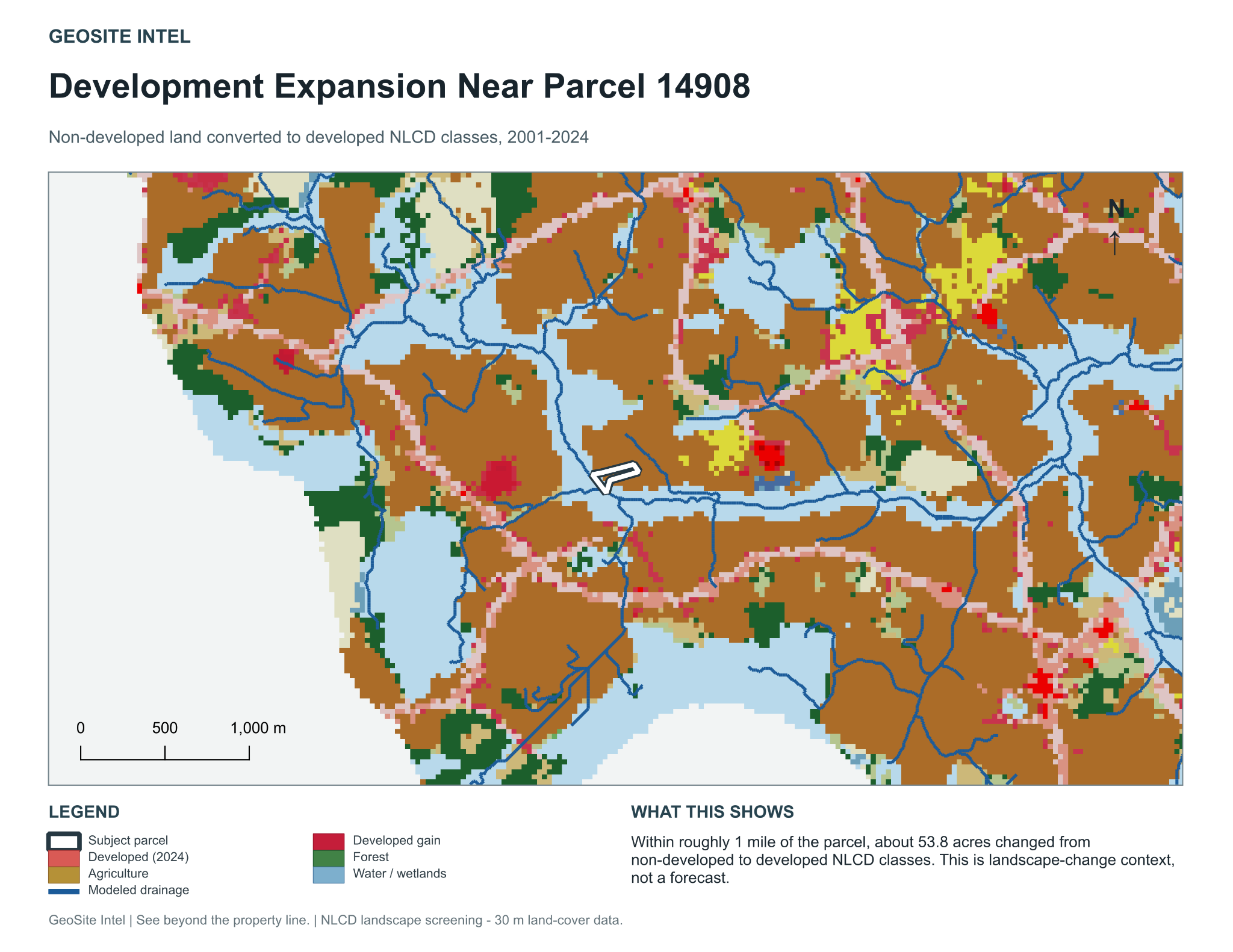 Land-cover map showing mapped development expansion around a subject parcel
