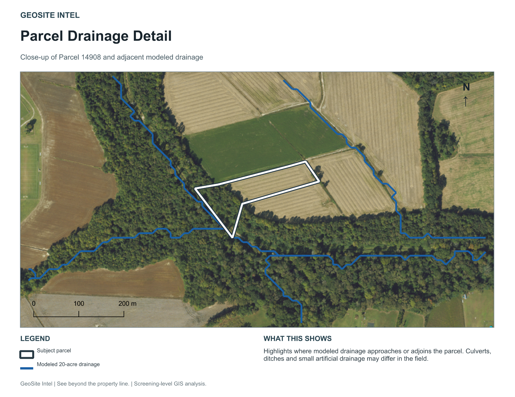 Modeled drainage paths surrounding a subject parcel on aerial imagery