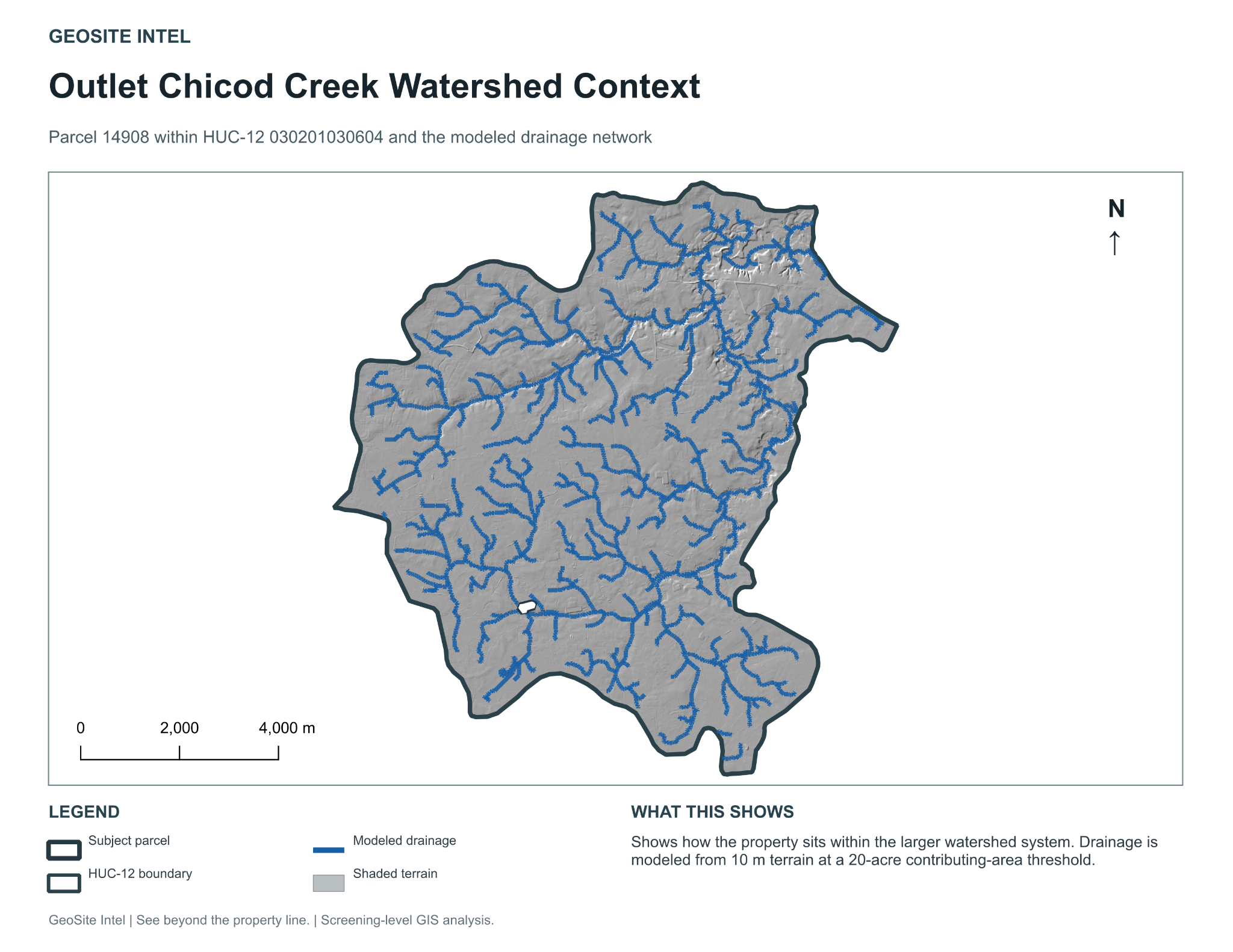 Outlet Chicod Creek watershed with modeled drainage network and subject parcel