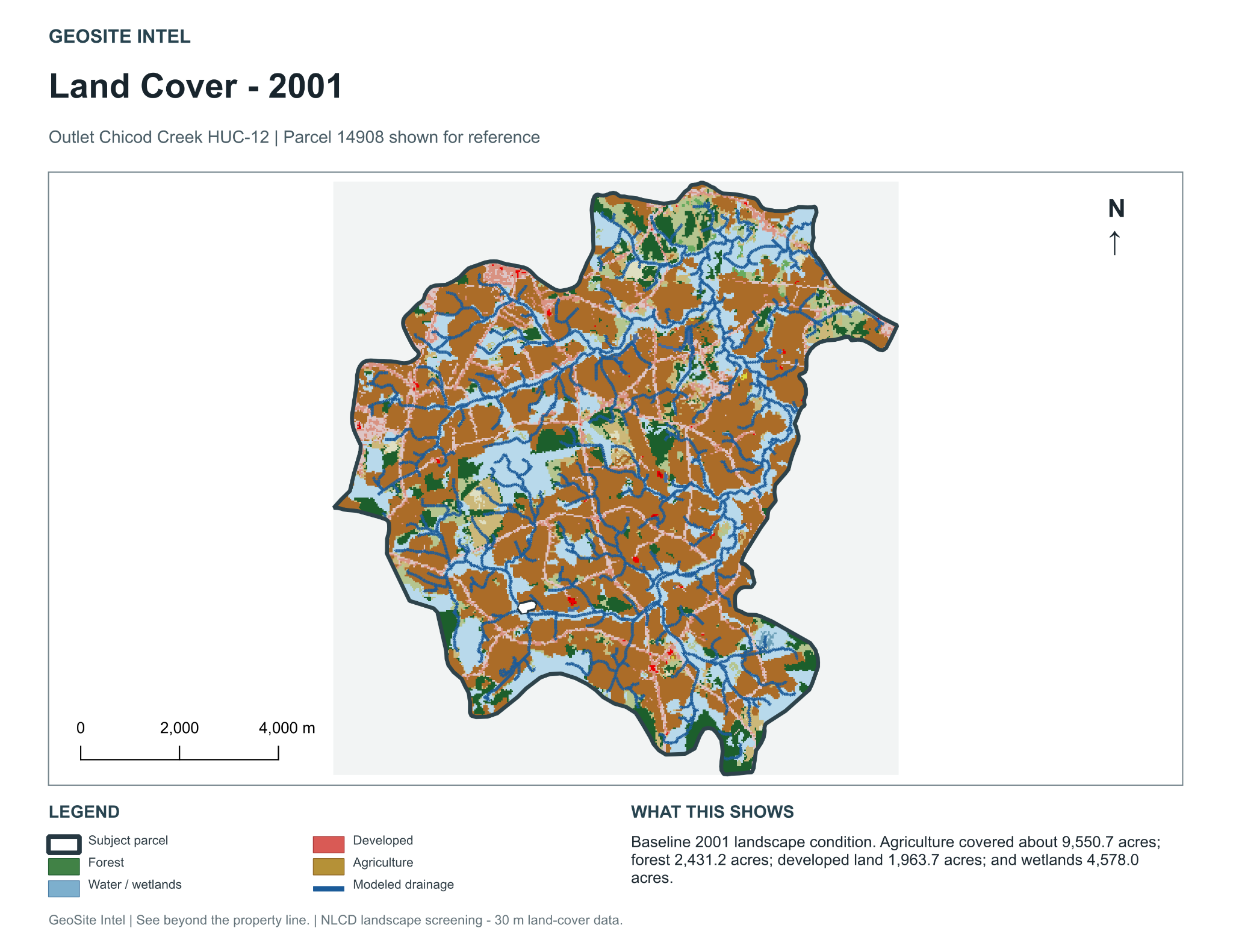 Outlet Chicod Creek land cover in 2001 with subject parcel shown for reference