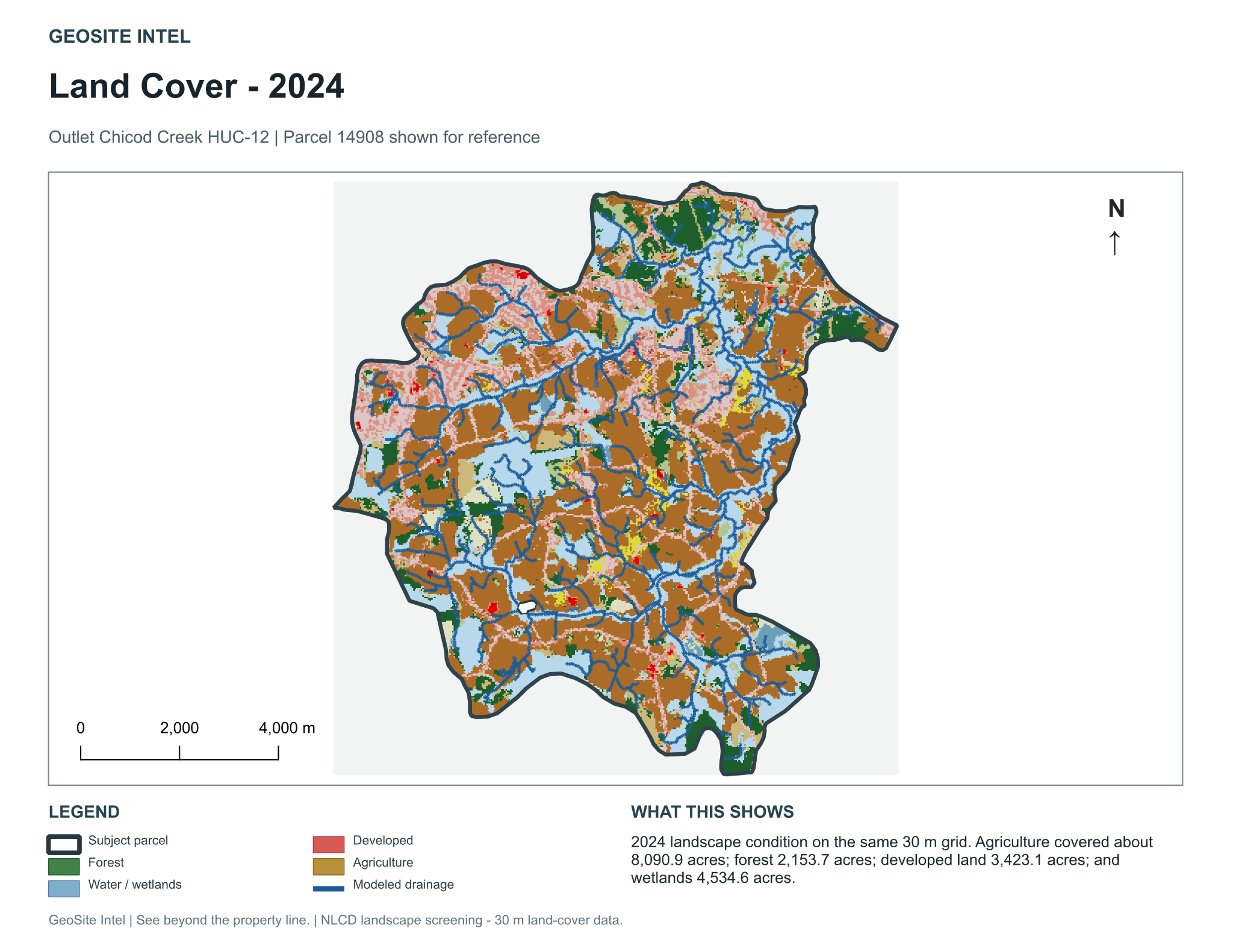 Outlet Chicod Creek land cover in 2024 with subject parcel shown for reference
