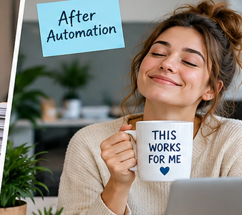 Illustrative photo-style image of an office worker enjoying a calmer workday