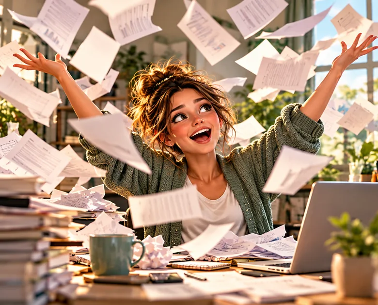 Our illustrated office character laughs while papers fly through the air in a chaotic office