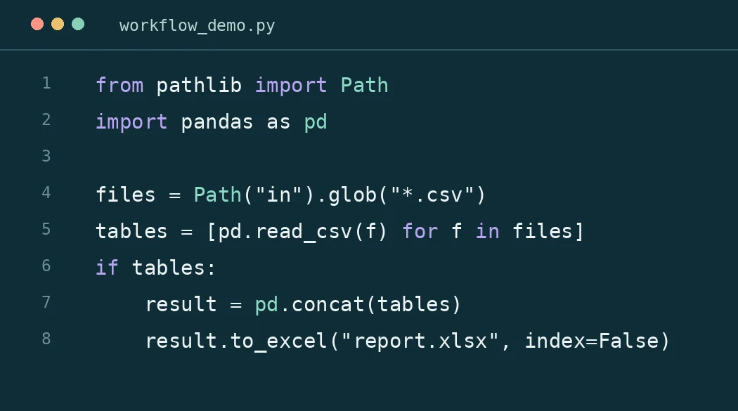 Short Python example that combines CSV exports from an incoming folder into an Excel report, if input files are present