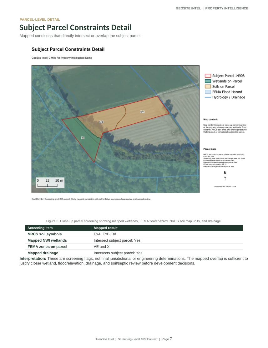 0 Mills Road parcel constraints detail, excerpted from the actual screening report