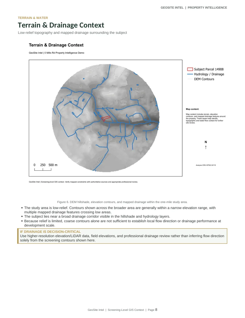 0 Mills Road terrain and drainage context, excerpted from the actual screening report